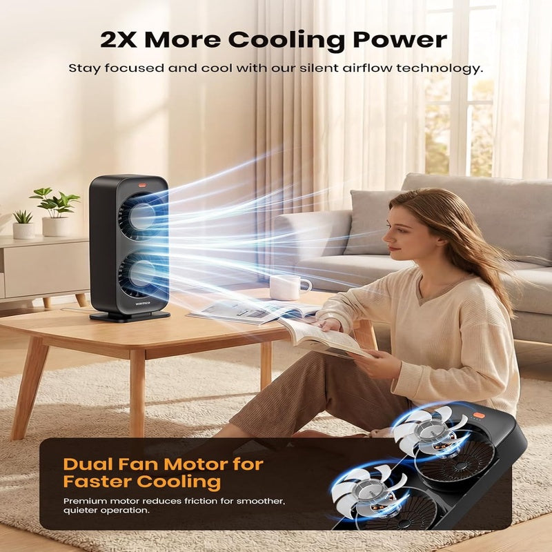 Tower Fan for Bedroom, Dual Motor 6m s High Velocity Desk Fan with 4 Speeds, Quiet Cooling Fan 45dB for Home Office Dorm, Portable Personal Table Fan with Detachable Grille - Black