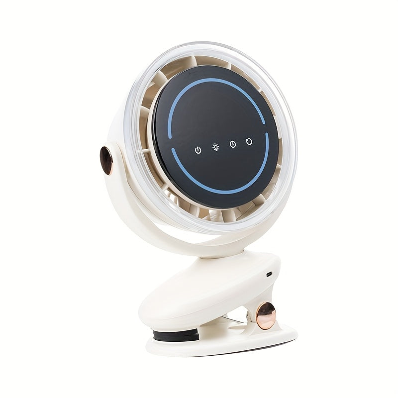 1pc Two-in-one Clip-on Fan, 5-speed Adjustable Fan, 3-speed Adjustable Ambient Light, With Automatic Rotation Function, 3-speed Intelligent Timing Function, Desktop Fan, Bedroom Night Light Fan, Touch Switch Design For Convenient Operation