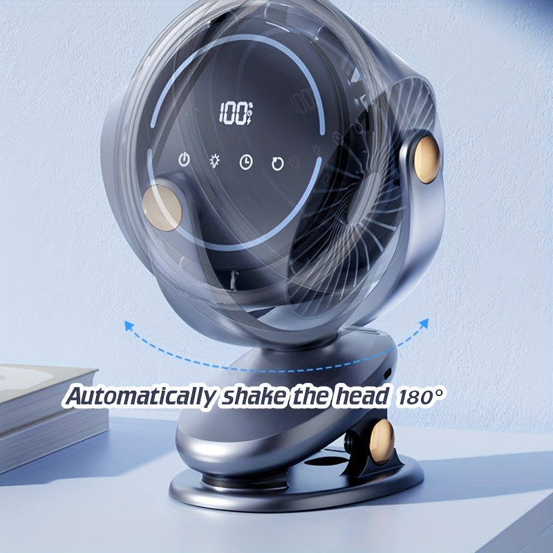 1pc Two-in-one Clip-on Fan, 5-speed Adjustable Fan, 3-speed Adjustable Ambient Light, With Automatic Rotation Function, 3-speed Intelligent Timing Function, Desktop Fan, Bedroom Night Light Fan, Touch Switch Design For Convenient Operation