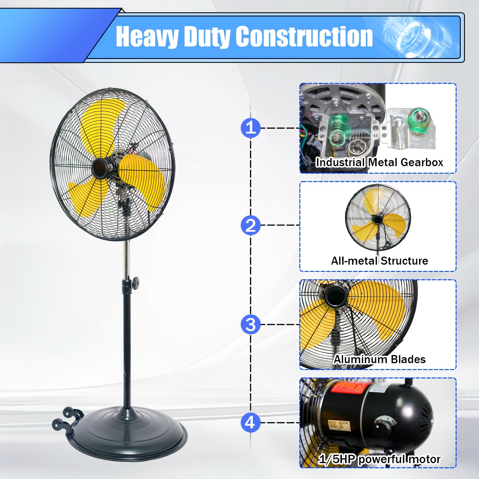 20-Inch Industrial Standing Fan with Oscillation & Adjustable Height - Heavy-Duty Floor Fan Suitable for, Office, - Quiet Operation, Weighted Base, 3 Speeds, Removable Blades & Portable Pedestal Fan