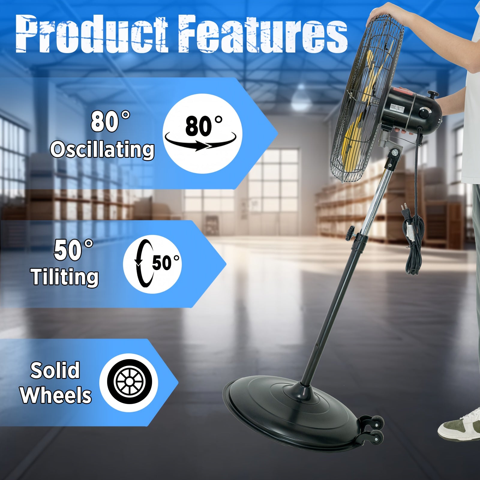 20-Inch Industrial Standing Fan with Oscillation & Adjustable Height - Heavy-Duty Floor Fan Suitable for, Office, - Quiet Operation, Weighted Base, 3 Speeds, Removable Blades & Portable Pedestal Fan