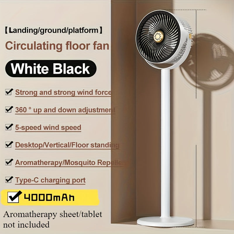 5-in-1 Adjustable Height Household Floor Fan with 5-Speed Settings, Type-C Charging Port, Modern USB Charging Port for Home Use, Dual Design for Vertical and Freestanding Air Circulator, High-Power Simple Stand. 4000mAh Battery, Ideal for Indoor
