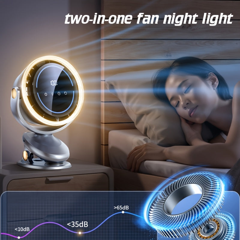 1pc Two-in-one Clip-on Fan, 5-speed Adjustable Fan, 3-speed Adjustable Ambient Light, With Automatic Rotation Function, 3-speed Intelligent Timing Function, Desktop Fan, Bedroom Night Light Fan, Touch Switch Design For Convenient Operation