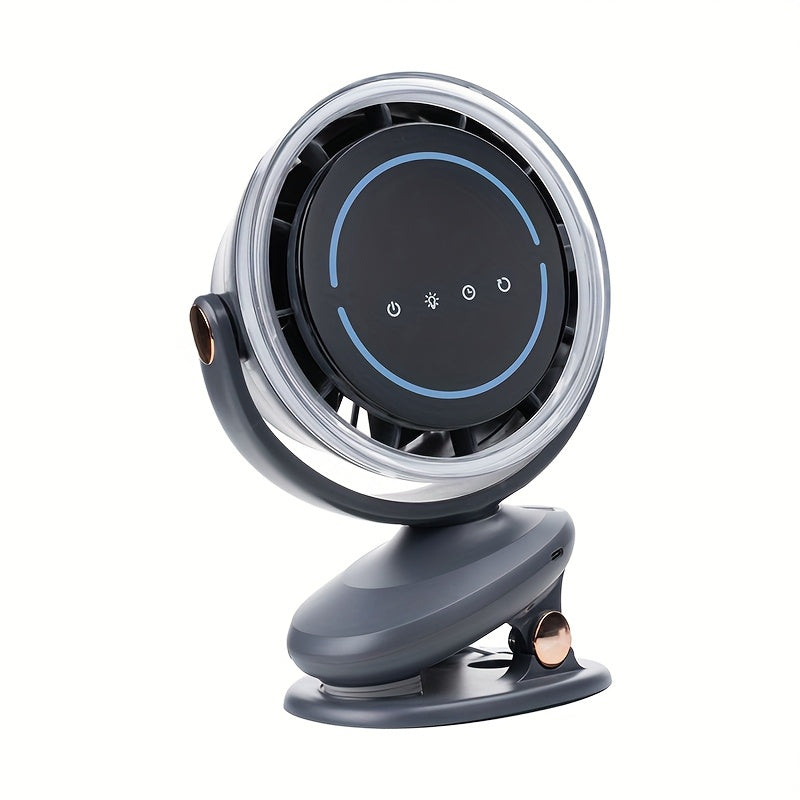1pc Two-in-one Clip-on Fan, 5-speed Adjustable Fan, 3-speed Adjustable Ambient Light, With Automatic Rotation Function, 3-speed Intelligent Timing Function, Desktop Fan, Bedroom Night Light Fan, Touch Switch Design For Convenient Operation