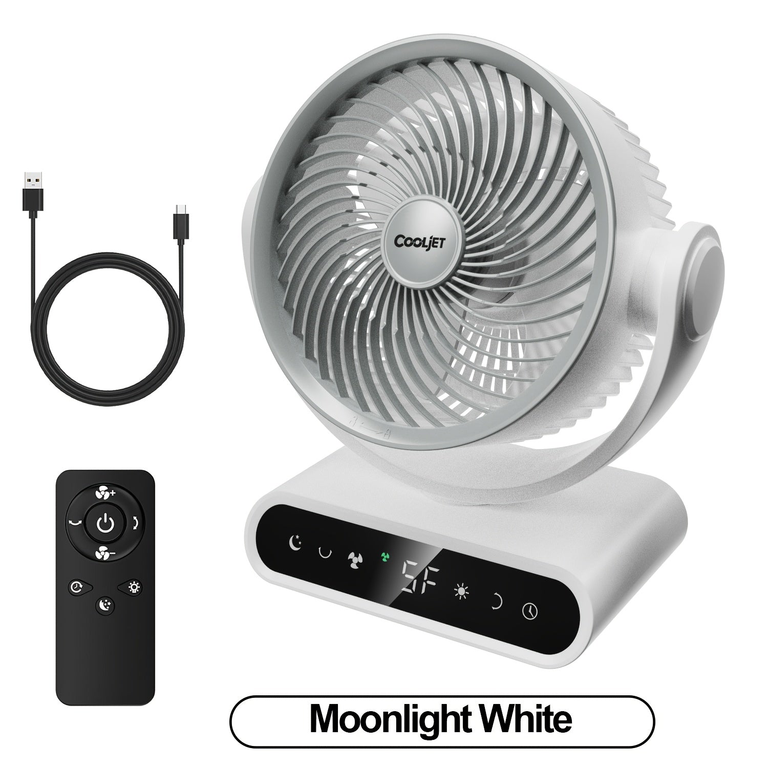 9-Inch Smart Fan for Mobile Charging, Featuring a 90° Vertical Manual Adjustment And 120° Oscillation, with 5 Wind Speeds And Remote Control. It Includes 12 Warm LED Lights with Three Dimming Levels, a Long-Lasting Battery, And Operates Quietly