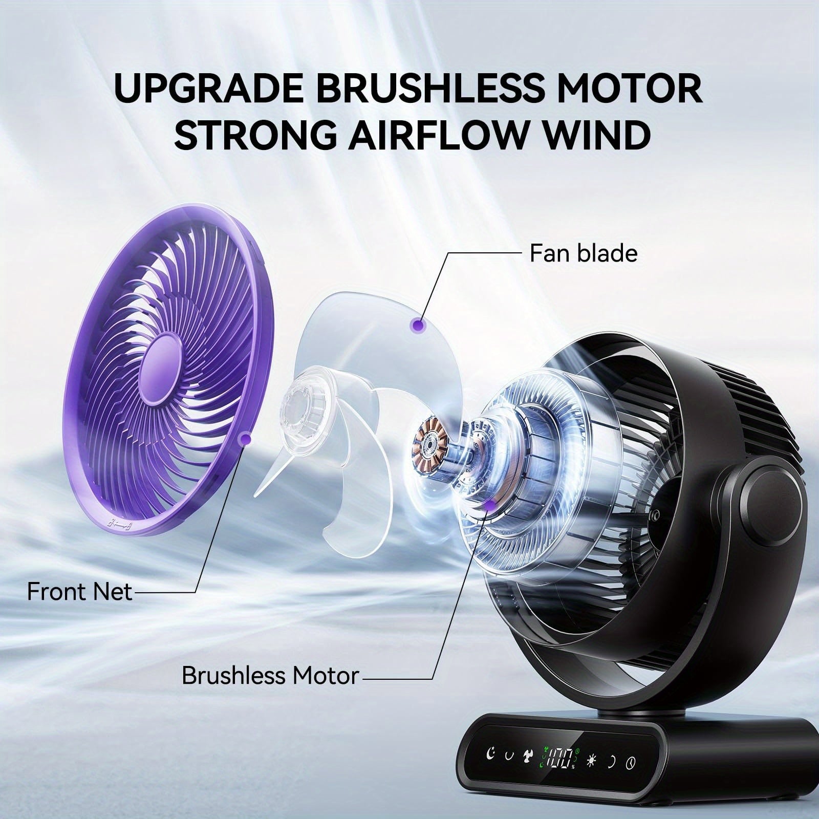 9-Inch Smart Fan for Mobile Charging, Featuring a 90° Vertical Manual Adjustment And 120° Oscillation, with 5 Wind Speeds And Remote Control. It Includes 12 Warm LED Lights with Three Dimming Levels, a Long-Lasting Battery, And Operates Quietly