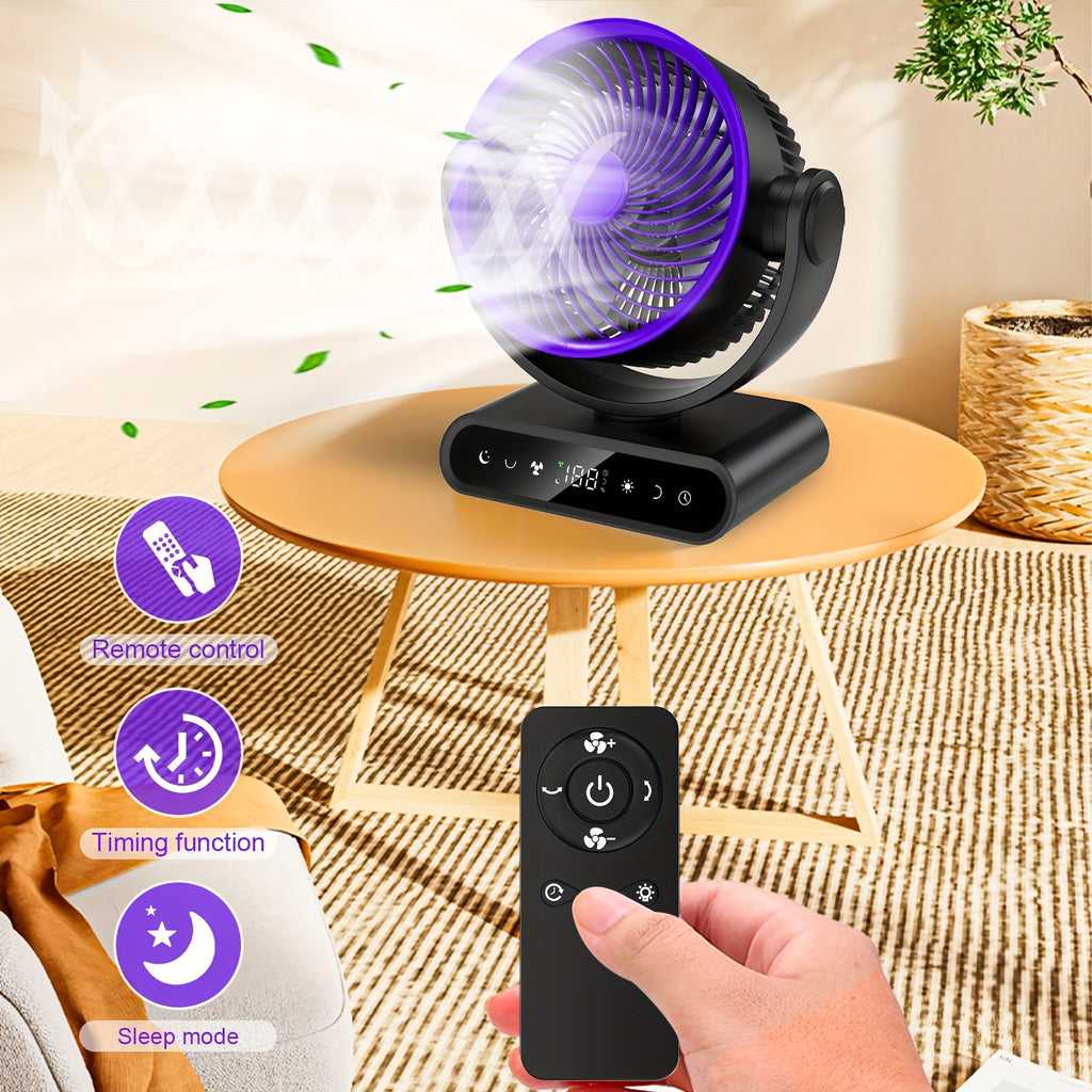 9-Inch Smart Fan for Mobile Charging, Featuring a 90° Vertical Manual Adjustment And 120° Oscillation, with 5 Wind Speeds And Remote Control. It Includes 12 Warm LED Lights with Three Dimming Levels, a Long-Lasting Battery, And Operates Quietly