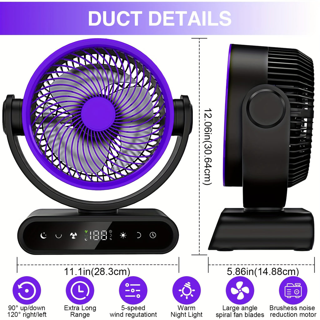 9-Inch Smart Fan for Mobile Charging, Featuring a 90° Vertical Manual Adjustment And 120° Oscillation, with 5 Wind Speeds And Remote Control. It Includes 12 Warm LED Lights with Three Dimming Levels, a Long-Lasting Battery, And Operates Quietly