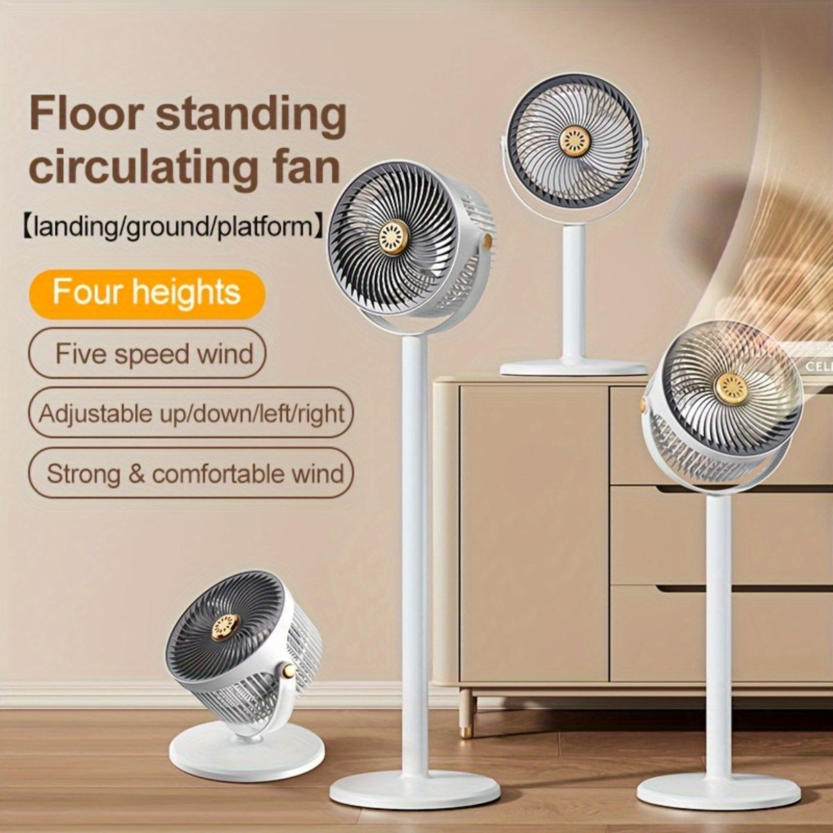 5-in-1 Adjustable Height Household Floor Fan with 5-Speed Settings, Type-C Charging Port, Modern USB Charging Port for Home Use, Dual Design for Vertical and Freestanding Air Circulator, High-Power Simple Stand. 4000mAh Battery, Ideal for Indoor