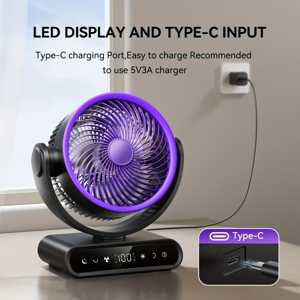 9-Inch Smart Fan for Mobile Charging, Featuring a 90° Vertical Manual Adjustment And 120° Oscillation, with 5 Wind Speeds And Remote Control. It Includes 12 Warm LED Lights with Three Dimming Levels, a Long-Lasting Battery, And Operates Quietly