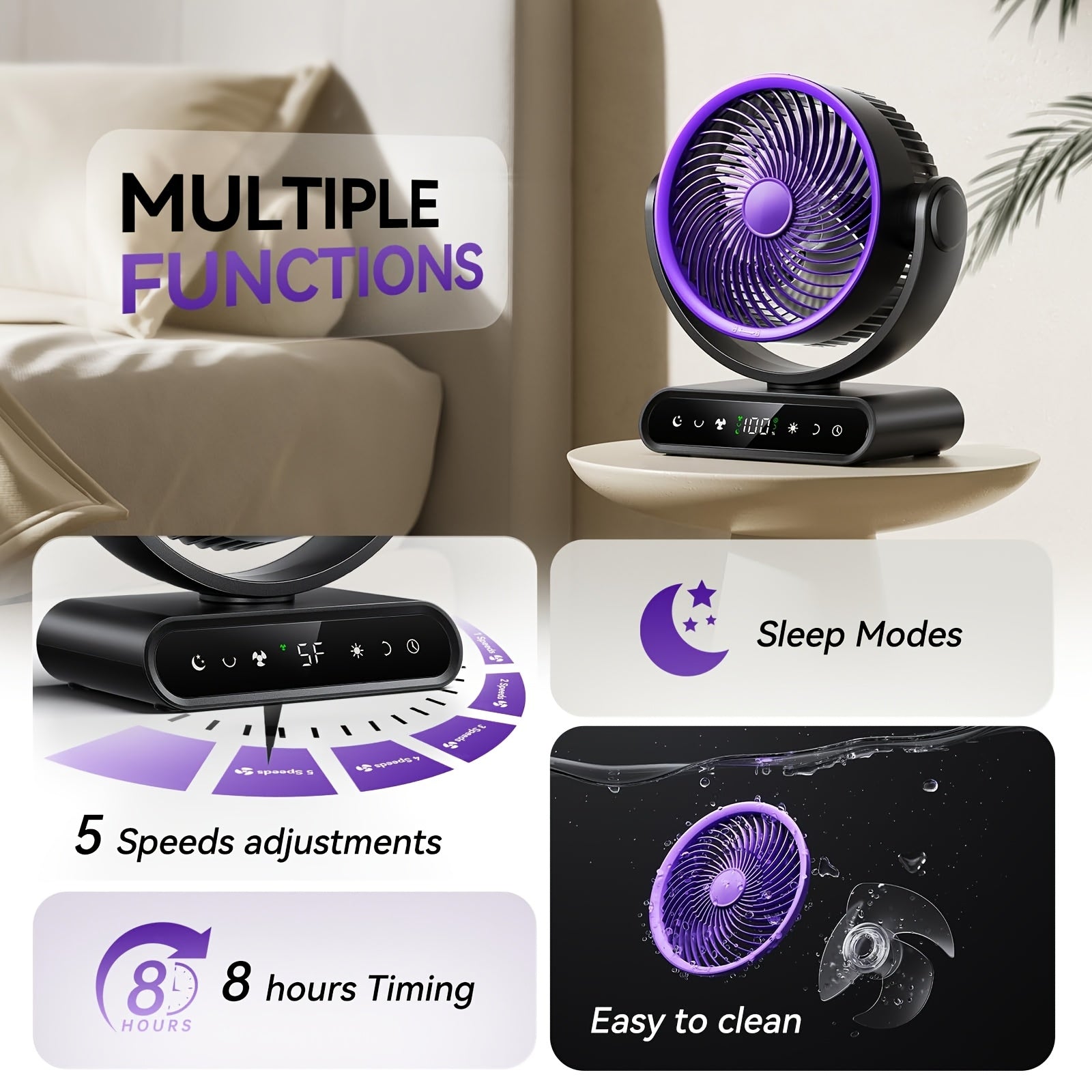 9-Inch Smart Fan for Mobile Charging, Featuring a 90° Vertical Manual Adjustment And 120° Oscillation, with 5 Wind Speeds And Remote Control. It Includes 12 Warm LED Lights with Three Dimming Levels, a Long-Lasting Battery, And Operates Quietly