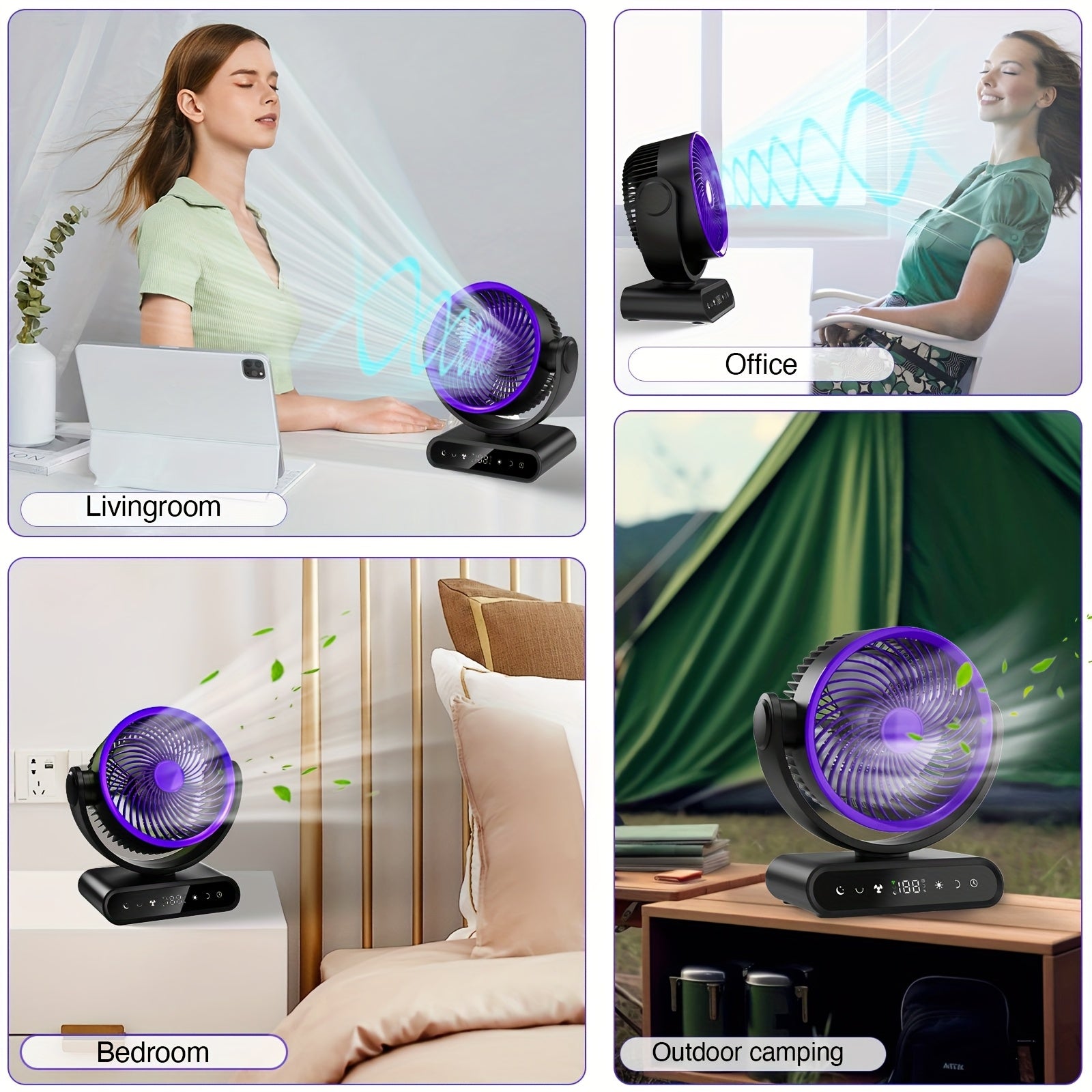 9-Inch Smart Fan for Mobile Charging, Featuring a 90° Vertical Manual Adjustment And 120° Oscillation, with 5 Wind Speeds And Remote Control. It Includes 12 Warm LED Lights with Three Dimming Levels, a Long-Lasting Battery, And Operates Quietly
