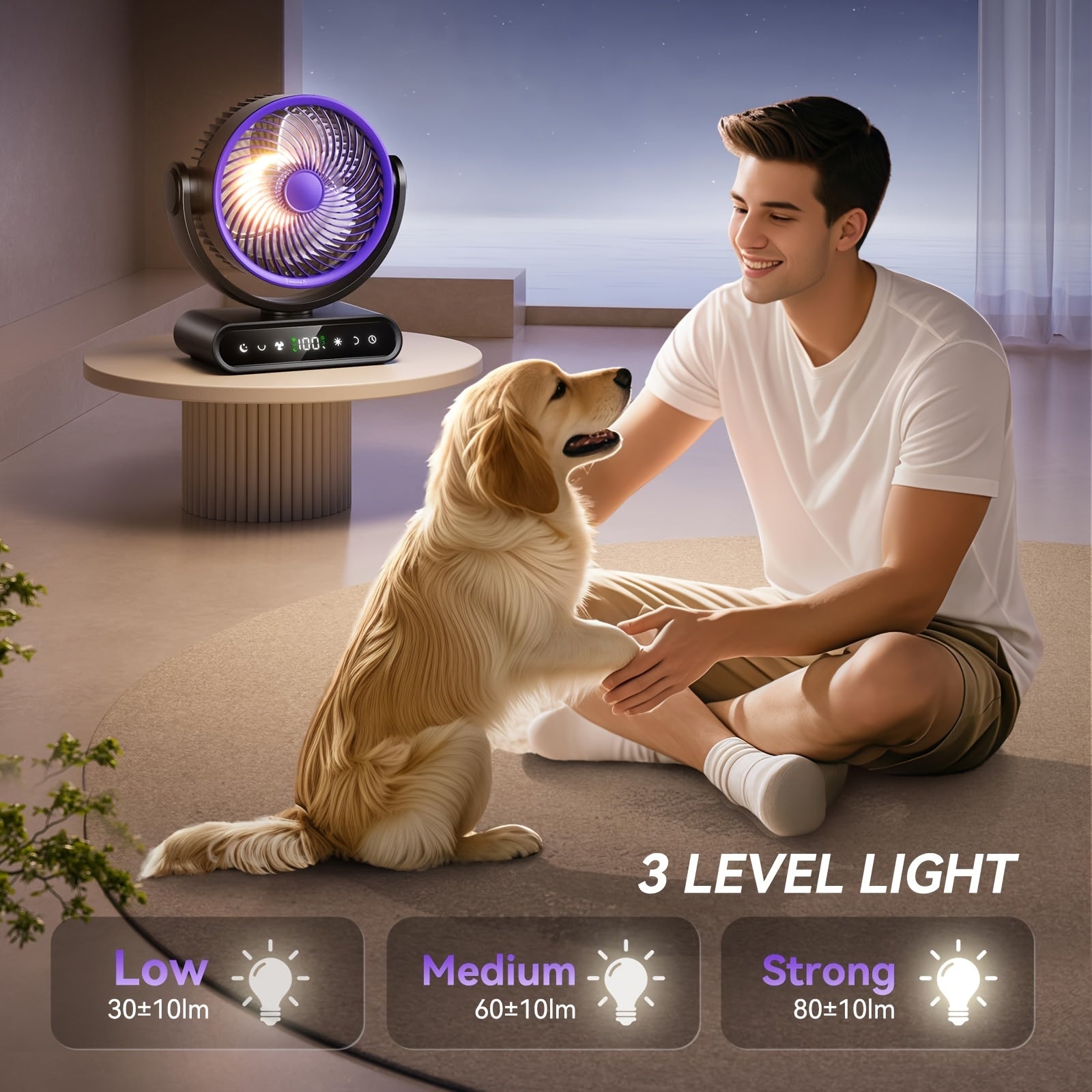 9-Inch Smart Fan for Mobile Charging, Featuring a 90° Vertical Manual Adjustment And 120° Oscillation, with 5 Wind Speeds And Remote Control. It Includes 12 Warm LED Lights with Three Dimming Levels, a Long-Lasting Battery, And Operates Quietly