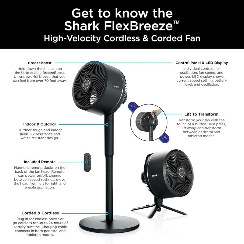 Shark R-UH205 FlexBreeze Indoor & Outdoor Fan with Pedestal & Tabletop, Portable, Remote, Quiet, Corded & Cordless, White - Scratch and Dent