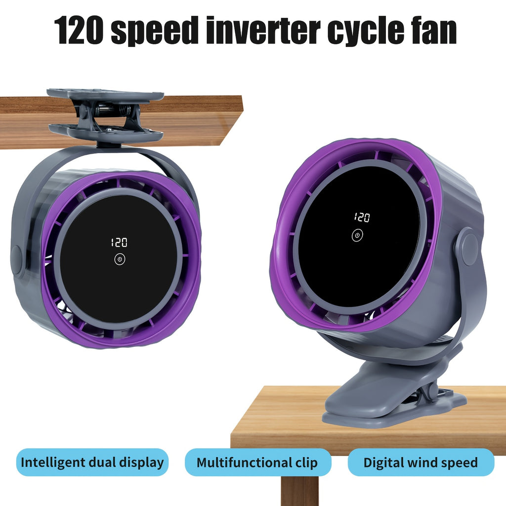 Desk fan, Digital display, rechargeable USB fan, 105° tilt, 120 speed settings, long-lasting power, portable fan, suitable for offices, bedrooms, kitchens and small travel camping places.