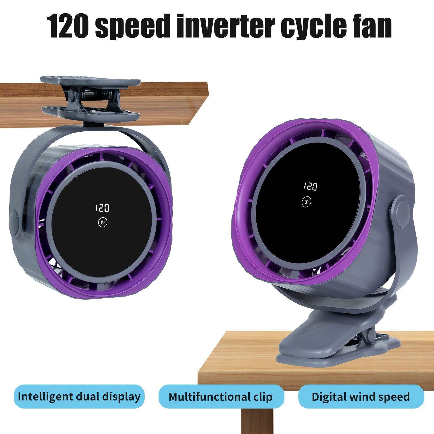 Desk fan, Digital display, rechargeable USB fan, 105° tilt, 120 speed settings, long-lasting power, portable fan, suitable for offices, bedrooms, kitchens and small travel camping places.