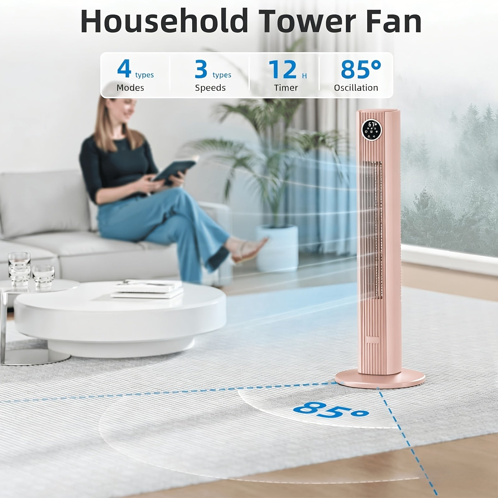 35-inch Tower Fan Portable Electric 85° Oscillating Fan Quiet Cooling Standing Bladeless Floor Fans 3 Speeds Wind Modes 12h Timer Bedroom Office, Black with White