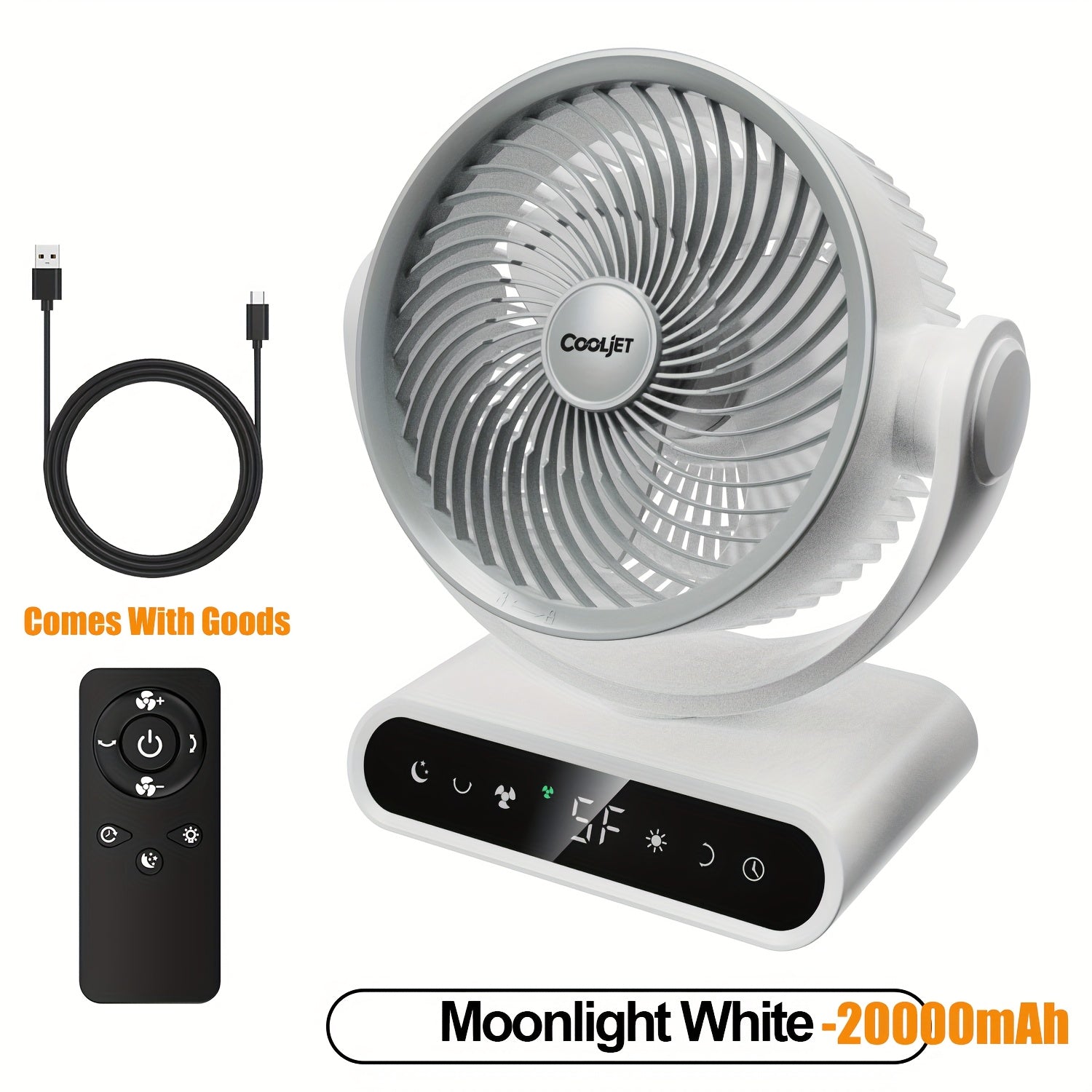 9-Inch Smart Fan for Mobile Charging, Featuring a 90° Vertical Manual Adjustment And 120° Oscillation, with 5 Wind Speeds And Remote Control. It Includes 12 Warm LED Lights with Three Dimming Levels, a Long-Lasting Battery, And Operates Quietly