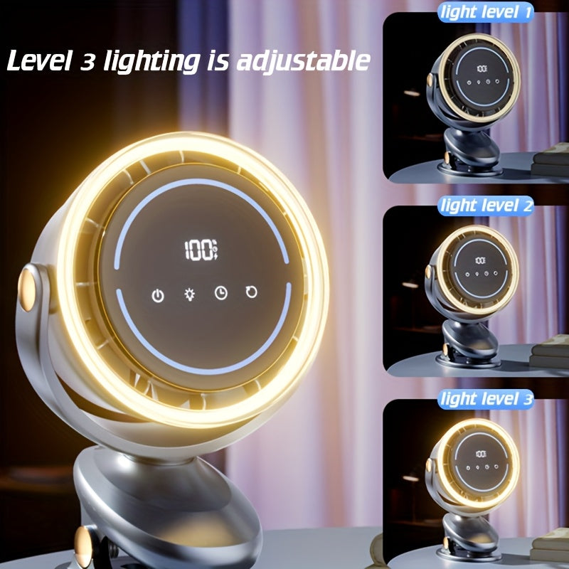 1pc Two-in-one Clip-on Fan, 5-speed Adjustable Fan, 3-speed Adjustable Ambient Light, With Automatic Rotation Function, 3-speed Intelligent Timing Function, Desktop Fan, Bedroom Night Light Fan, Touch Switch Design For Convenient Operation